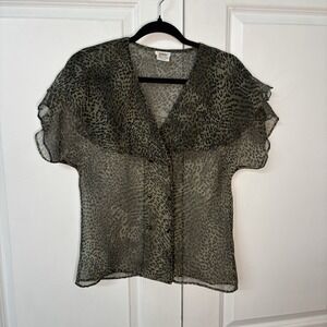 Vintage Elite Animal Print Oversized Collar Sheer Top Womens 8 Y2K Green 90s